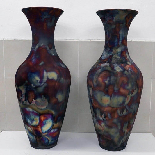 RAAQUU 37.5" Grand Floor Twin Pair Vases PREORDER Raku Ceramic Pottery Unique Handmade ceramic pottery raku vases, urns, and home decor, sculptures, wall decor, gifts by Adil Ghani