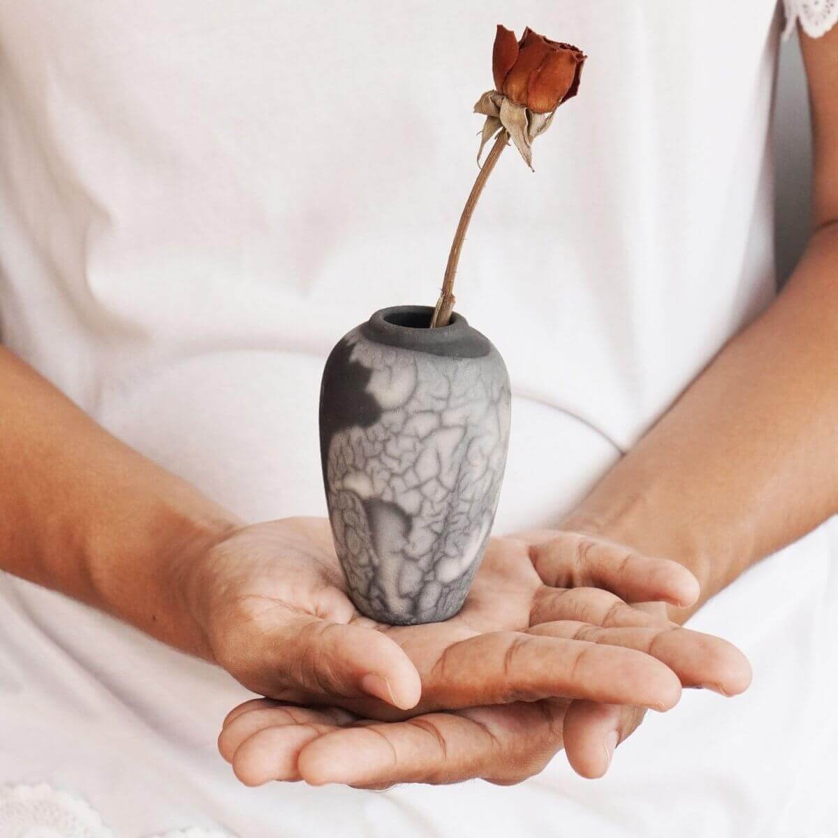 RAAQUU Hana L Mini Ceramic Vase 3.5" Raku Fired Pottery Gift Unique Handmade ceramic pottery raku vases, urns, and home decor, sculptures, wall decor, gifts by Adil Ghani