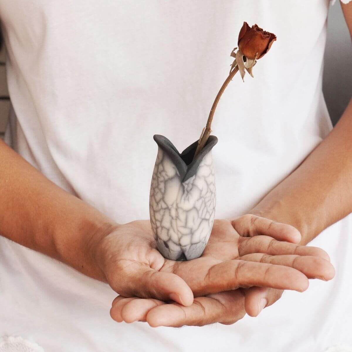 RAAQUU Hana Mini Ceramic Vase 3.5" Raku Fired Pottery Gift Unique Handmade ceramic pottery raku vases, urns, and home decor, sculptures, wall decor, gifts by Adil Ghani