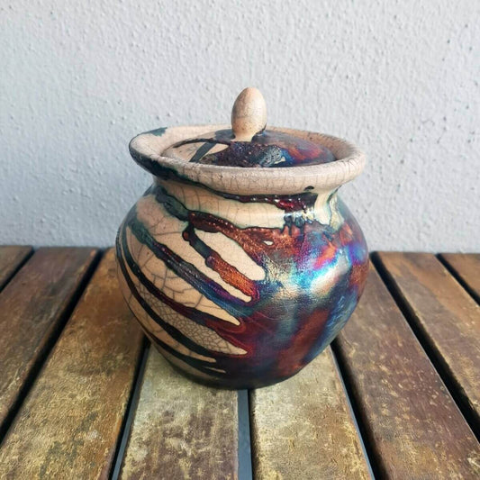 RAAQUU HEIWA Pottery Urn for Remains - 18.6 oz capacity for child, pet, dog, cat Unique Handmade ceramic pottery raku vases, urns, and home decor, sculptures, wall decor, gifts by Adil Ghani