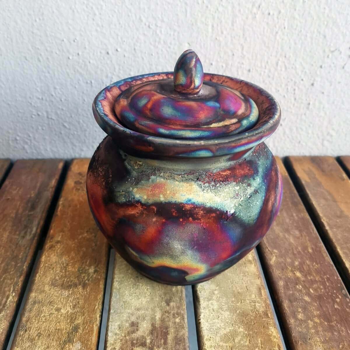 RAAQUU HEIWA Pottery Urn for Remains - 18.6 oz capacity for child, pet, dog, cat Unique Handmade ceramic pottery raku vases, urns, and home decor, sculptures, wall decor, gifts by Adil Ghani