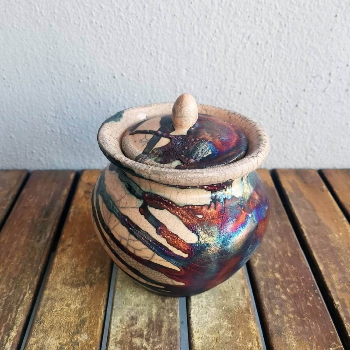 RAAQUU HEIWA Pottery Urn for Remains - 18.6 oz capacity for child, pet, dog, cat Unique Handmade ceramic pottery raku vases, urns, and home decor, sculptures, wall decor, gifts by Adil Ghani