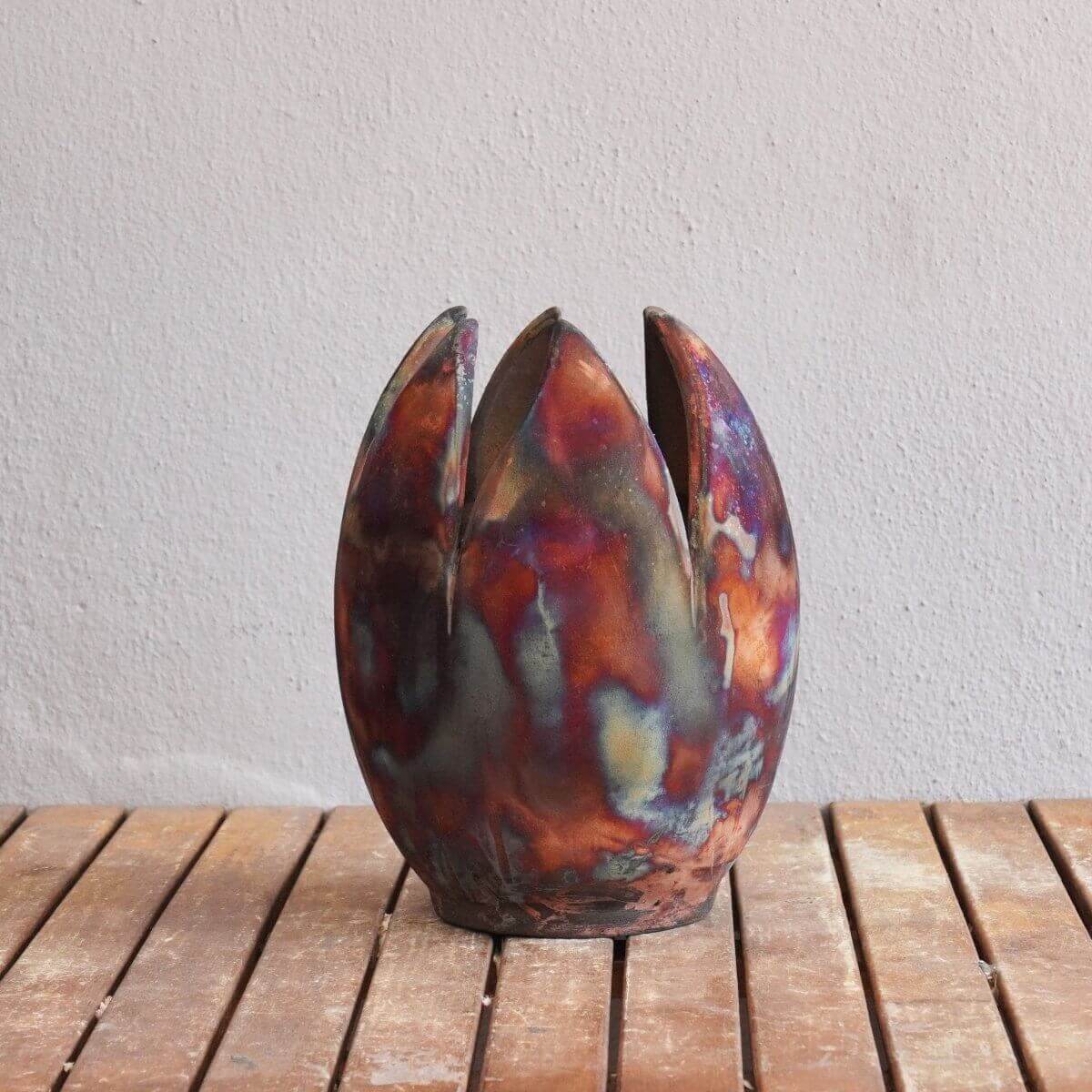 RAAQUU Large Flower Ceramic Vase Full Copper Matte S/N0000157 11" Raku Pottery Unique Handmade ceramic pottery raku vases, urns, and home decor, sculptures, wall decor, gifts by Adil Ghani