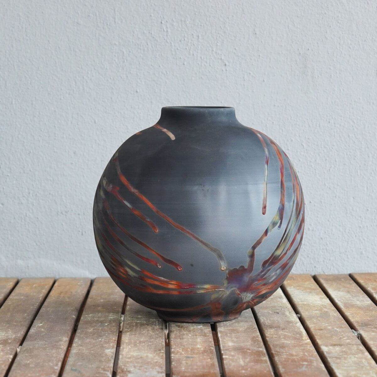 RAAQUU Large Globe Ceramic Vase Carbon Copper S/N0000429 11" Raku Pottery Unique Handmade ceramic pottery raku vases, urns, and home decor, sculptures, wall decor, gifts by Adil Ghani