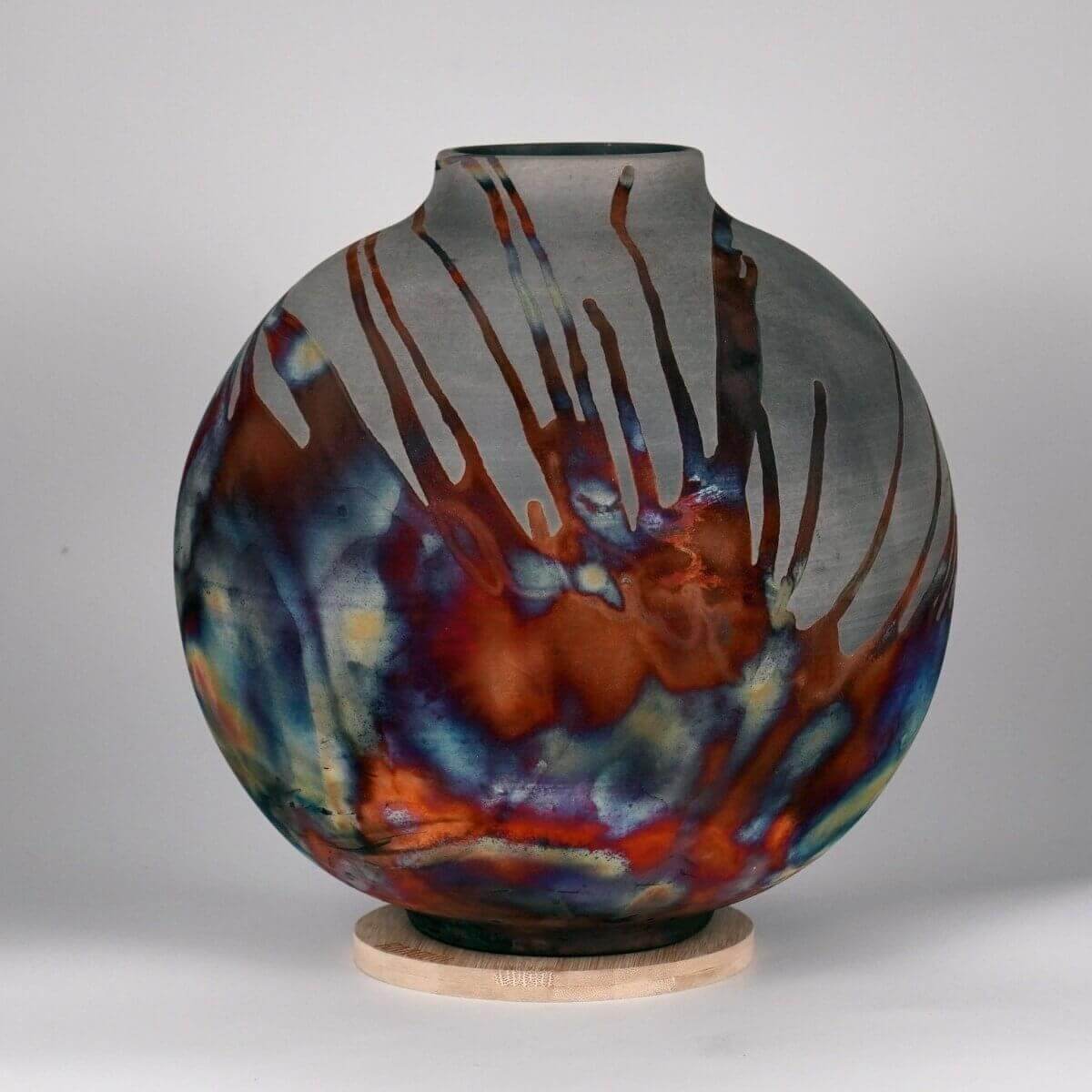 RAAQUU Large Globe Ceramic Vase Carbon Copper S/N0000581 11" Raku Pottery - RAAQUU