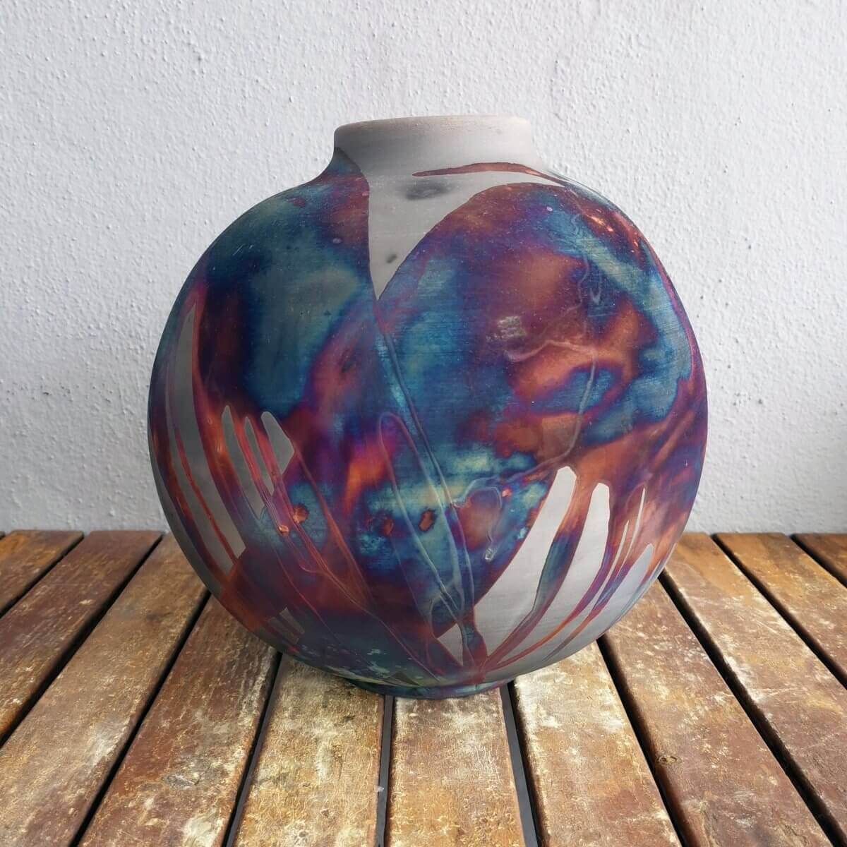 RAAQUU Large Globe Ceramic Vase Carbon Copper S/N0000585 11" Raku Pottery Unique Handmade ceramic pottery raku vases, urns, and home decor, sculptures, wall decor, gifts by Adil Ghani
