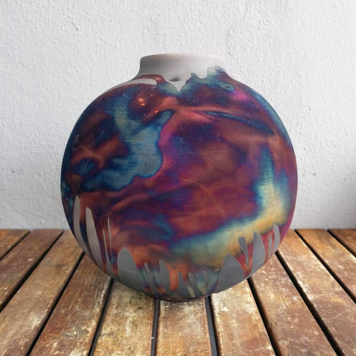 RAAQUU Large Globe Ceramic Vase Carbon Copper S/N0000585 11" Raku Pottery Unique Handmade ceramic pottery raku vases, urns, and home decor, sculptures, wall decor, gifts by Adil Ghani