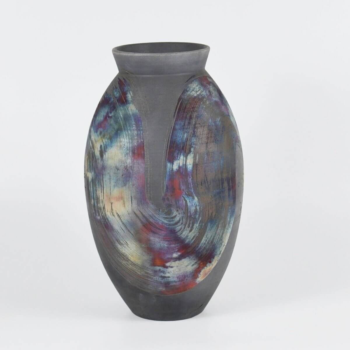 RAAQUU Large Oval Ceramic Vase Carbon Copper S/N0000531 13.5" Raku Pottery Unique Handmade ceramic pottery raku vases, urns, and home decor, sculptures, wall decor, gifts by Adil Ghani