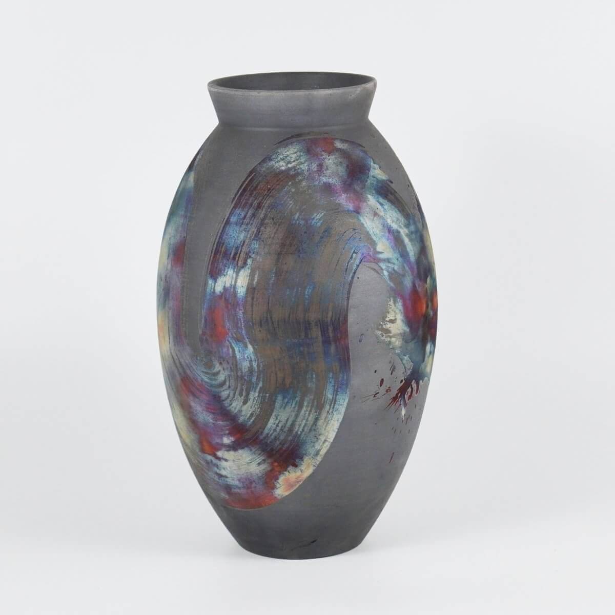 RAAQUU Large Oval Ceramic Vase Carbon Copper S/N0000531 13.5" Raku Pottery Unique Handmade ceramic pottery raku vases, urns, and home decor, sculptures, wall decor, gifts by Adil Ghani