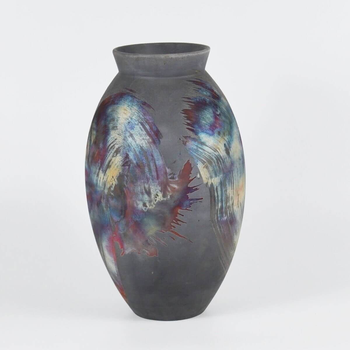 RAAQUU Large Oval Ceramic Vase Carbon Copper S/N0000531 13.5" Raku Pottery Unique Handmade ceramic pottery raku vases, urns, and home decor, sculptures, wall decor, gifts by Adil Ghani