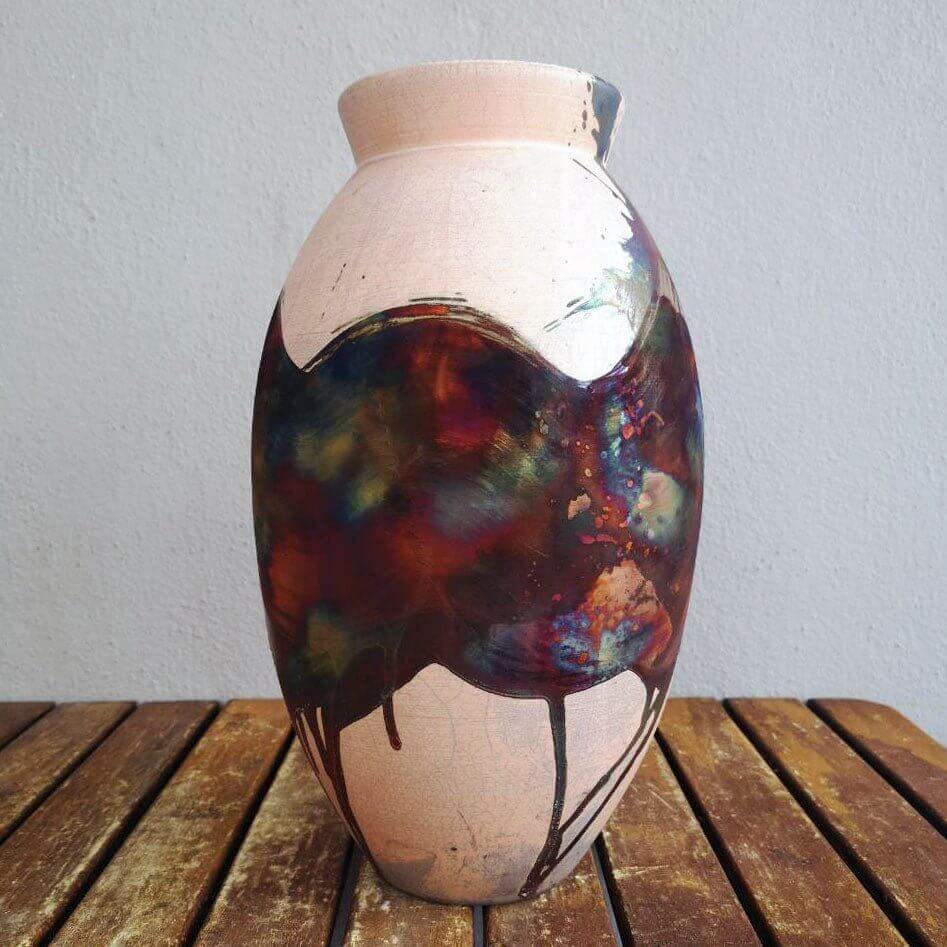 RAAQUU Large Oval Ceramic Vase Half Copper Matte S/N0000556 13.5" Raku Pottery Unique Handmade ceramic pottery raku vases, urns, and home decor, sculptures, wall decor, gifts by Adil Ghani