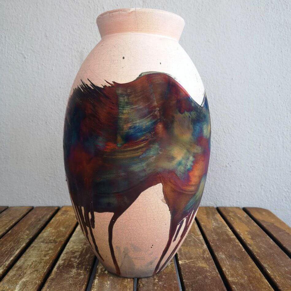 RAAQUU Large Oval Ceramic Vase Half Copper Matte S/N0000556 13.5" Raku Pottery Unique Handmade ceramic pottery raku vases, urns, and home decor, sculptures, wall decor, gifts by Adil Ghani