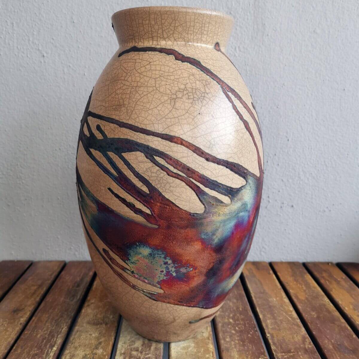 RAAQUU Large Oval Ceramic Vase Half Copper Matte S/N0000615 13.5" Raku Pottery Unique Handmade ceramic pottery raku vases, urns, and home decor, sculptures, wall decor, gifts by Adil Ghani