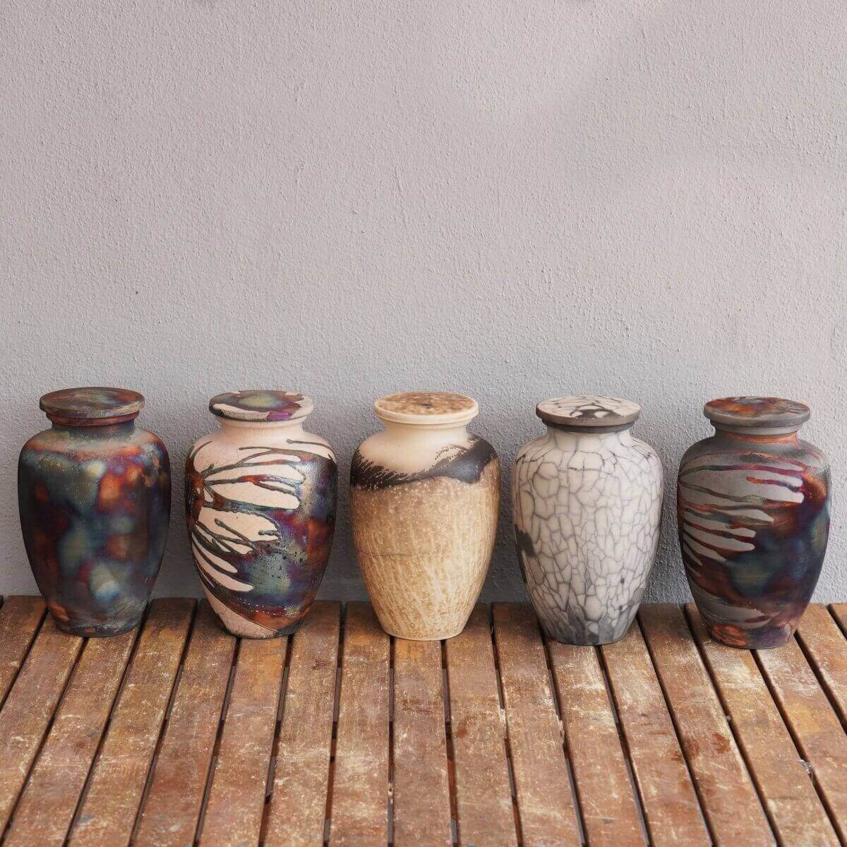 RAAQUU Omoide Ceramic Obvara Urn for Adult Remains/Ashes S/N8000029 - Raku Pottery 170 cubic inches Unique Handmade Cremation Vessel Unique Handmade ceramic pottery raku vases, urns, and home decor, sculptures, wall decor, gifts by Adil Ghani