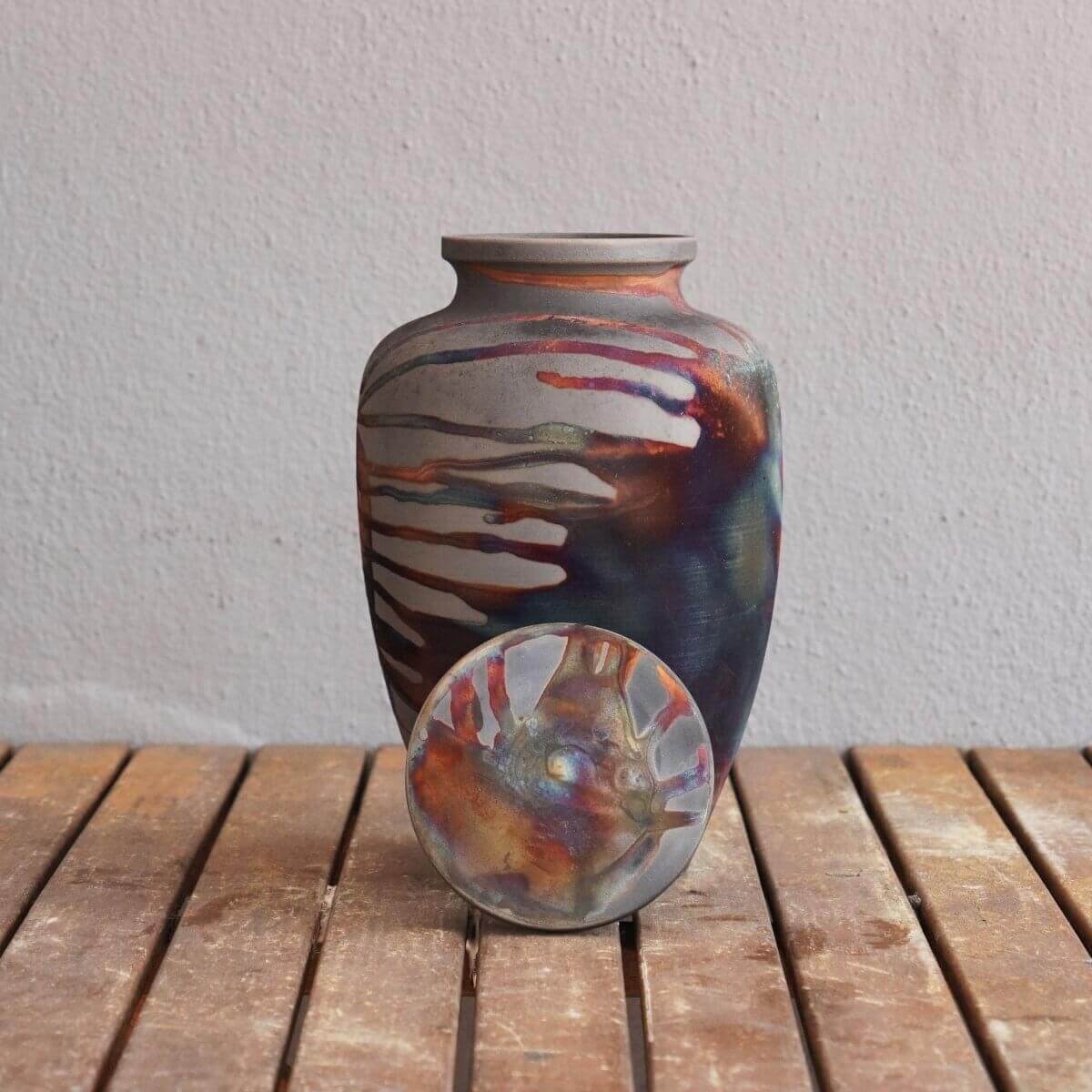 RAAQUU Omoide Ceramic Urn (Pre-Order) for Adult Remains - Raku Pottery 170 cubic inches Unique Handmade Cremation Vessel for Ashes, Pets, Cats, Dogs Unique Handmade ceramic pottery raku vases, urns, and home decor, sculptures, wall decor, gifts by Adil Gh