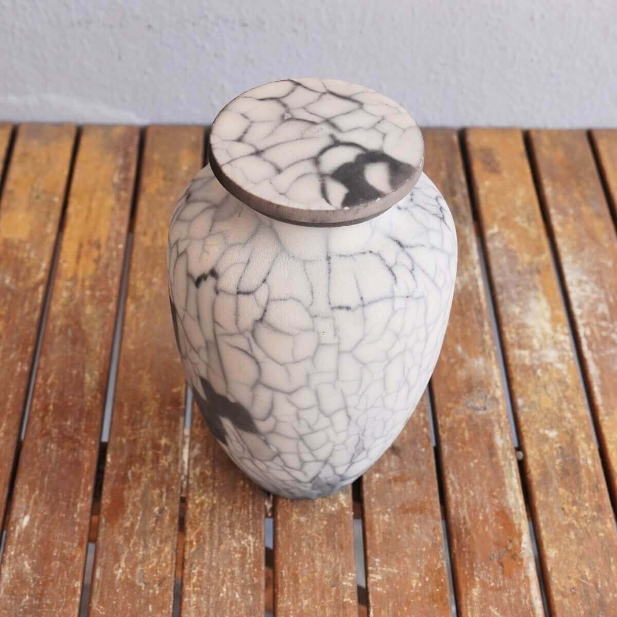 RAAQUU Omoide Ceramic Urn (Pre-Order) for Adult Remains - Raku Pottery 170 cubic inches Unique Handmade Cremation Vessel for Ashes, Pets, Cats, Dogs Unique Handmade ceramic pottery raku vases, urns, and home decor, sculptures, wall decor, gifts by Adil Gh