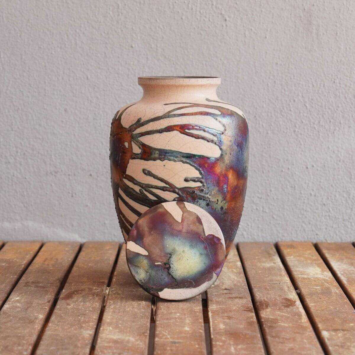RAAQUU Omoide Ceramic Urn (Pre-Order) for Adult Remains - Raku Pottery 170 cubic inches Unique Handmade Cremation Vessel for Ashes, Pets, Cats, Dogs Unique Handmade ceramic pottery raku vases, urns, and home decor, sculptures, wall decor, gifts by Adil Gh