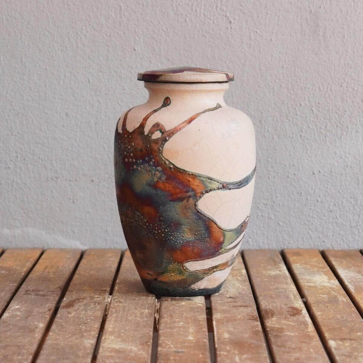 RAAQUU Omoide Ceramic Urn (Pre-Order) for Adult Remains - Raku Pottery 170 cubic inches Unique Handmade Cremation Vessel for Ashes, Pets, Cats, Dogs Unique Handmade ceramic pottery raku vases, urns, and home decor, sculptures, wall decor, gifts by Adil Gh