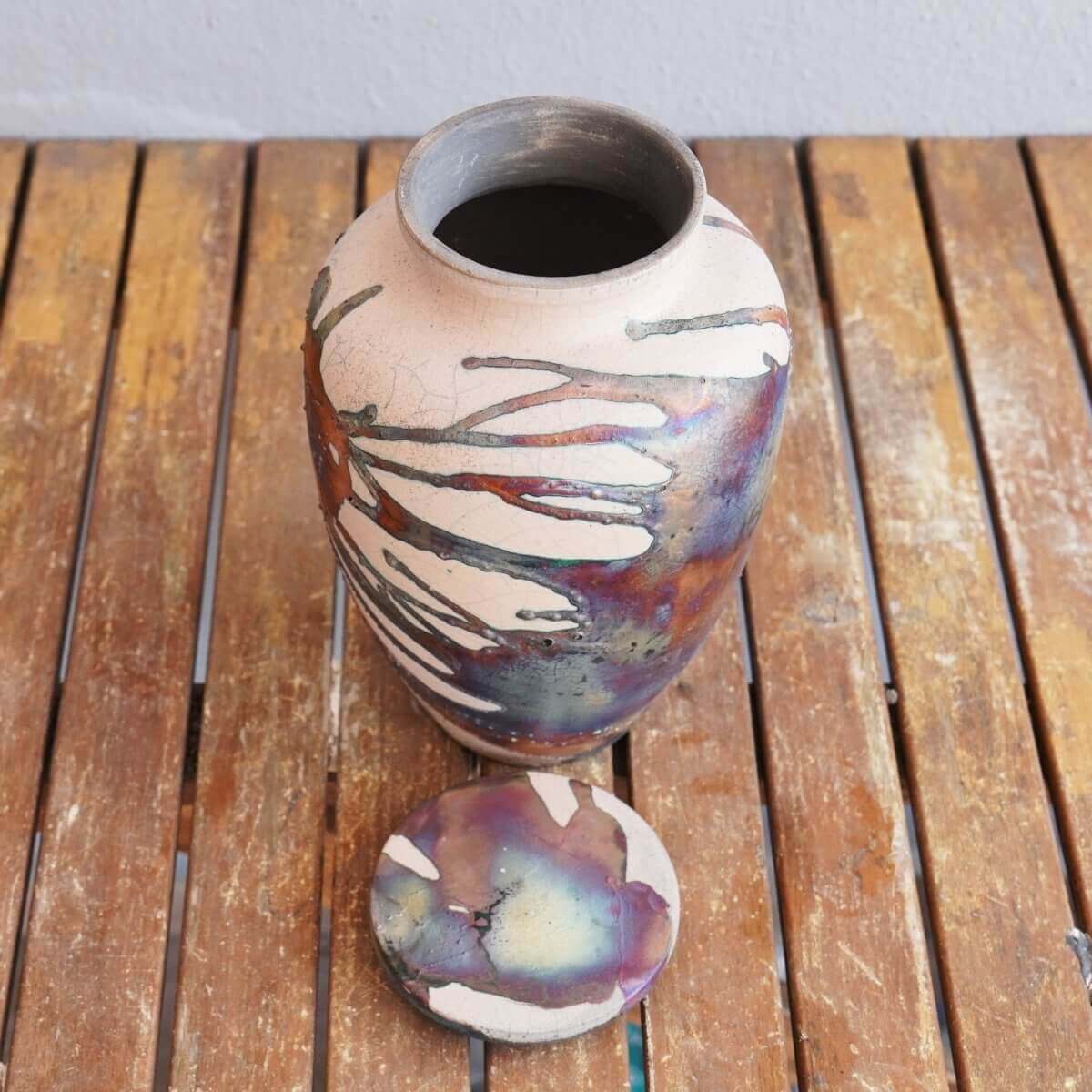 RAAQUU Omoide Ceramic Urn (Pre-Order) for Adult Remains - Raku Pottery 170 cubic inches Unique Handmade Cremation Vessel for Ashes, Pets, Cats, Dogs Unique Handmade ceramic pottery raku vases, urns, and home decor, sculptures, wall decor, gifts by Adil Gh