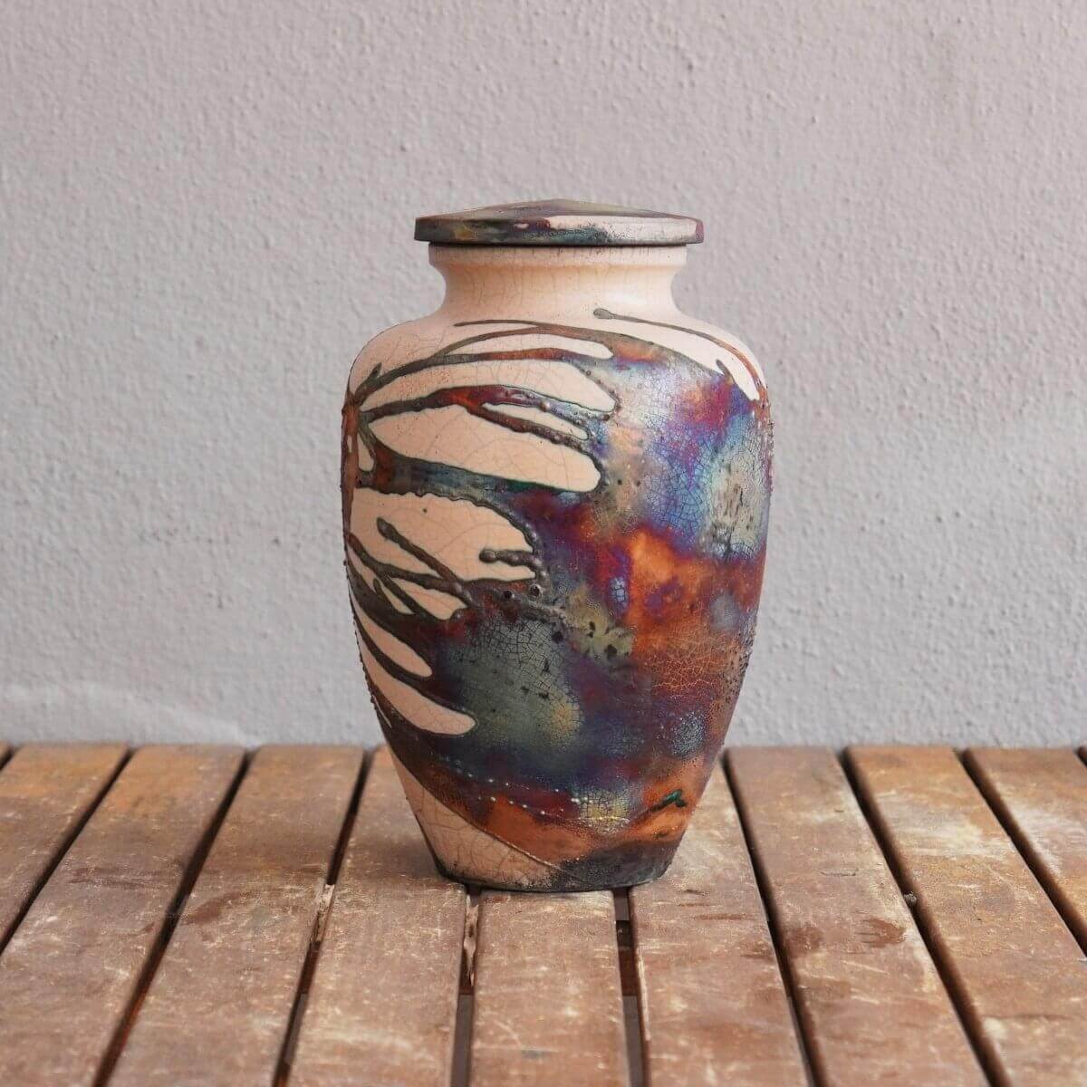 RAAQUU Omoide Ceramic Urn (Pre-Order) for Adult Remains - Raku Pottery 170 cubic inches Unique Handmade Cremation Vessel for Ashes, Pets, Cats, Dogs Unique Handmade ceramic pottery raku vases, urns, and home decor, sculptures, wall decor, gifts by Adil Gh