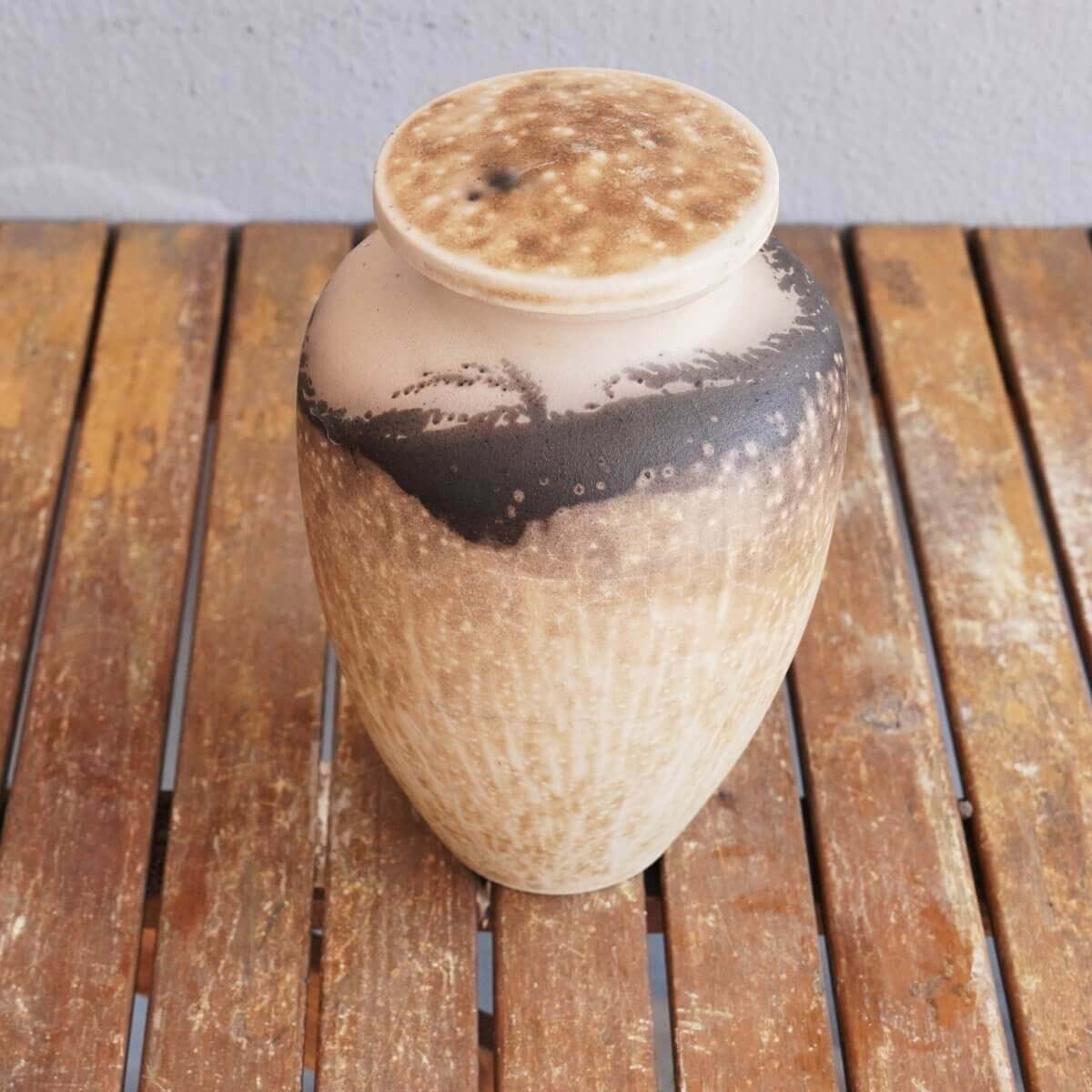 RAAQUU Omoide Ceramic Urn (Pre-Order) for Adult Remains - Raku Pottery 170 cubic inches Unique Handmade Cremation Vessel for Ashes, Pets, Cats, Dogs Unique Handmade ceramic pottery raku vases, urns, and home decor, sculptures, wall decor, gifts by Adil Gh