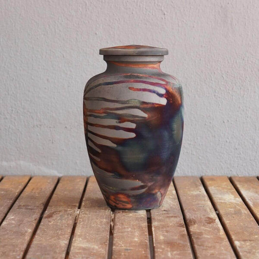 RAAQUU Omoide Ceramic Urn (Pre-Order) for Adult Remains - Raku Pottery 170 cubic inches Unique Handmade Cremation Vessel for Ashes, Pets, Cats, Dogs Unique Handmade ceramic pottery raku vases, urns, and home decor, sculptures, wall decor, gifts by Adil Gh