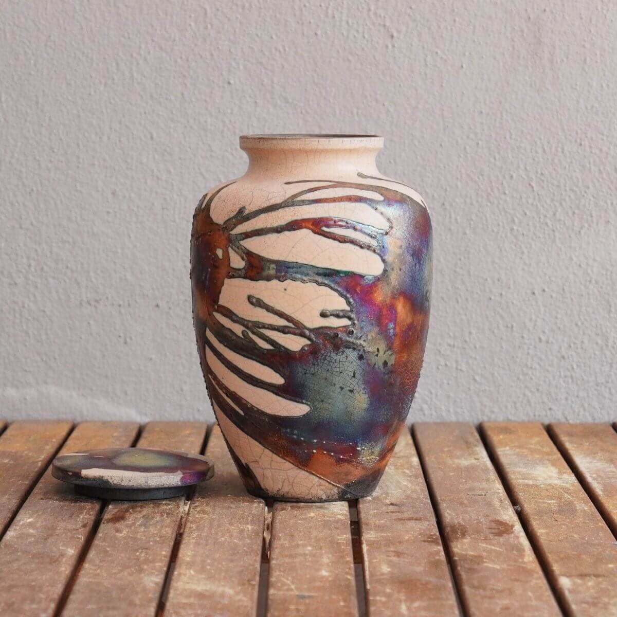 RAAQUU Omoide Ceramic Urn (Pre-Order) for Adult Remains - Raku Pottery 170 cubic inches Unique Handmade Cremation Vessel for Ashes, Pets, Cats, Dogs Unique Handmade ceramic pottery raku vases, urns, and home decor, sculptures, wall decor, gifts by Adil Gh