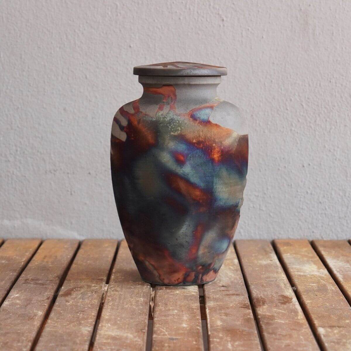 RAAQUU Omoide Ceramic Urn (Pre-Order) for Adult Remains - Raku Pottery 170 cubic inches Unique Handmade Cremation Vessel for Ashes, Pets, Cats, Dogs Unique Handmade ceramic pottery raku vases, urns, and home decor, sculptures, wall decor, gifts by Adil Gh