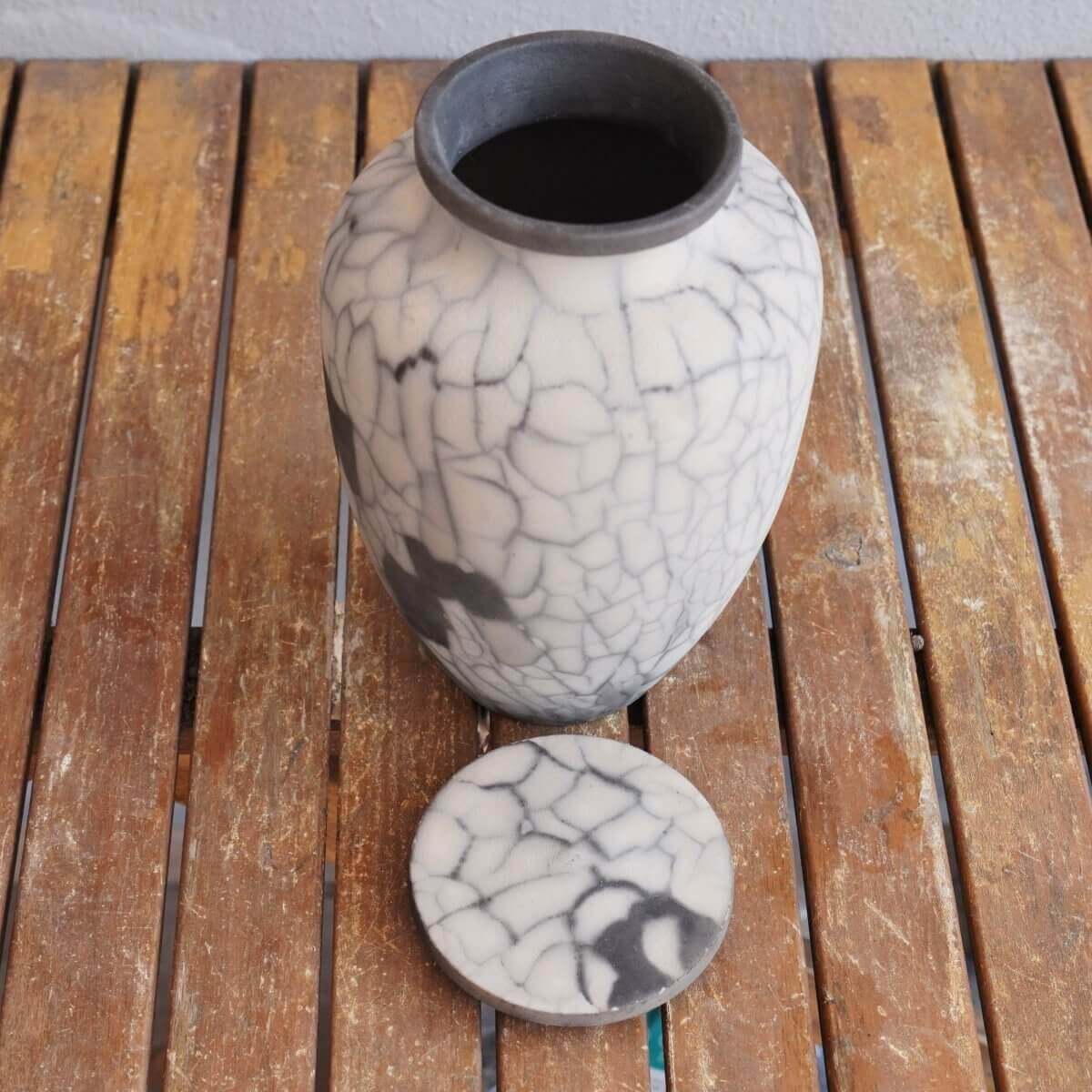 RAAQUU Omoide Ceramic Urn (Pre-Order) for Adult Remains - Raku Pottery 170 cubic inches Unique Handmade Cremation Vessel for Ashes, Pets, Cats, Dogs Unique Handmade ceramic pottery raku vases, urns, and home decor, sculptures, wall decor, gifts by Adil Gh