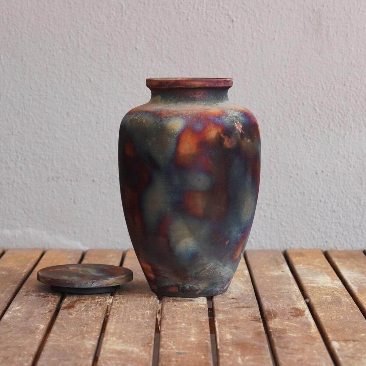 RAAQUU Omoide Ceramic Urn (Pre-Order) for Adult Remains - Raku Pottery 170 cubic inches Unique Handmade Cremation Vessel for Ashes, Pets, Cats, Dogs Unique Handmade ceramic pottery raku vases, urns, and home decor, sculptures, wall decor, gifts by Adil Gh
