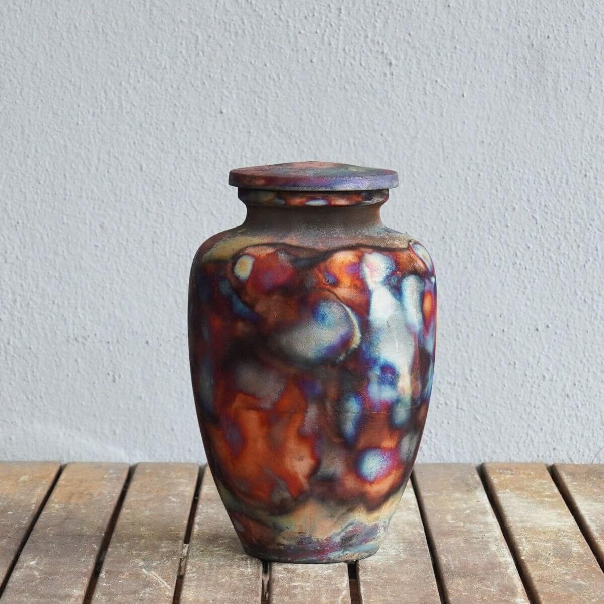 RAAQUU Omoide Ceramic Urn (Pre-Order) for Adult Remains - Raku Pottery 170 cubic inches Unique Handmade Cremation Vessel for Ashes, Pets, Cats, Dogs Unique Handmade ceramic pottery raku vases, urns, and home decor, sculptures, wall decor, gifts by Adil Gh