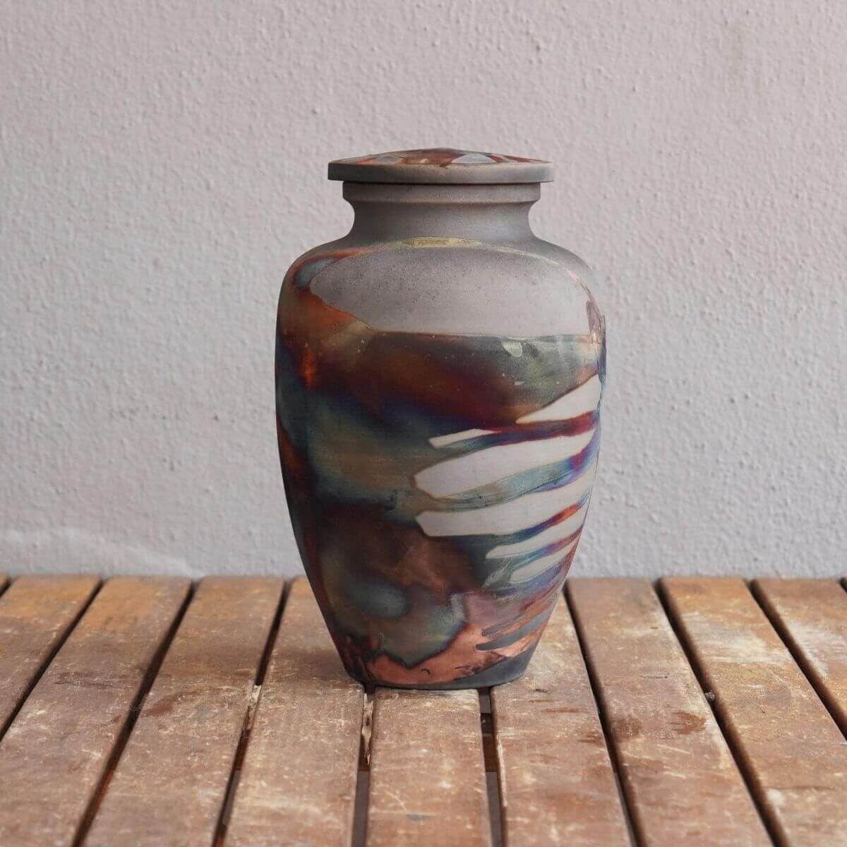 RAAQUU Omoide Ceramic Urn (Pre-Order) for Adult Remains - Raku Pottery 170 cubic inches Unique Handmade Cremation Vessel for Ashes, Pets, Cats, Dogs Unique Handmade ceramic pottery raku vases, urns, and home decor, sculptures, wall decor, gifts by Adil Gh
