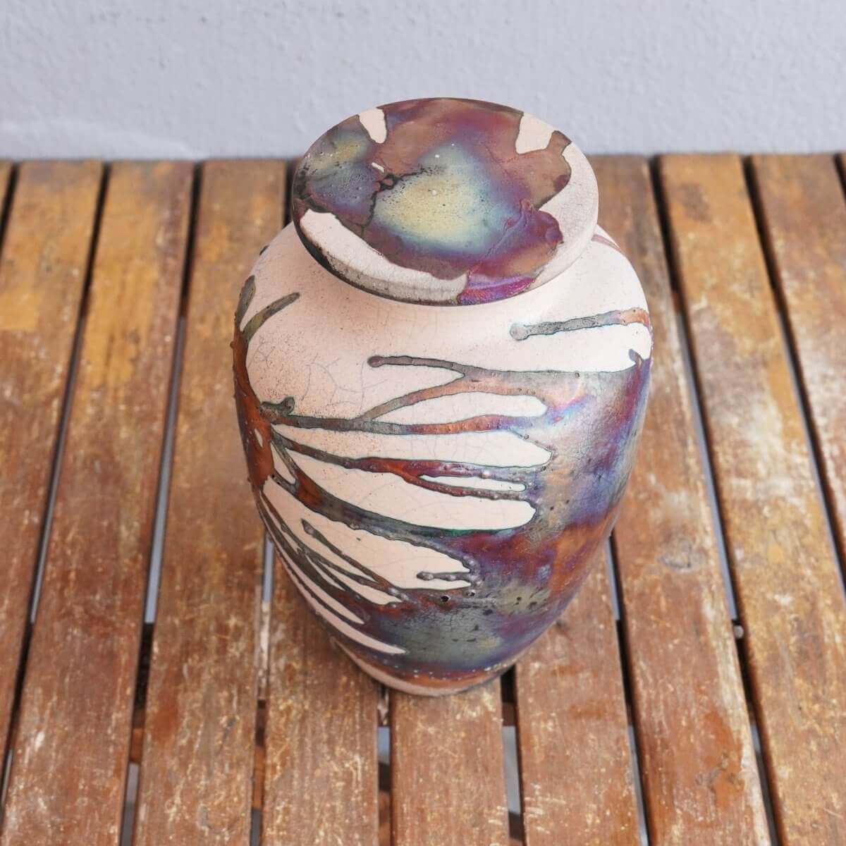 RAAQUU Omoide Ceramic Urn (Pre-Order) for Adult Remains - Raku Pottery 170 cubic inches Unique Handmade Cremation Vessel for Ashes, Pets, Cats, Dogs Unique Handmade ceramic pottery raku vases, urns, and home decor, sculptures, wall decor, gifts by Adil Gh