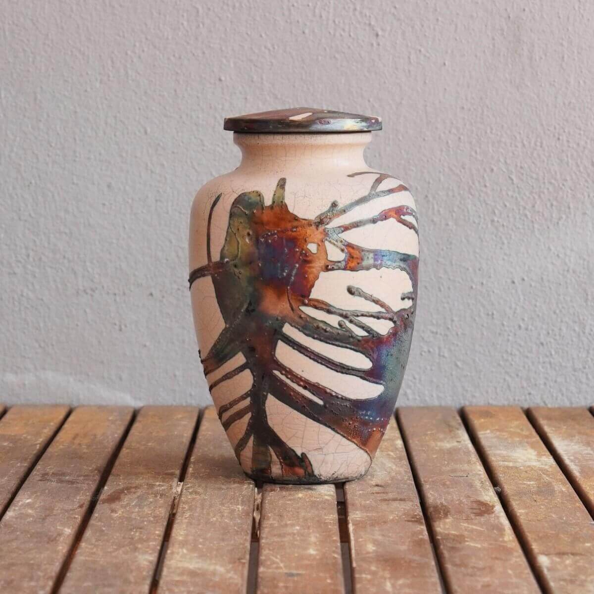 RAAQUU Omoide Ceramic Urn (Pre-Order) for Adult Remains - Raku Pottery 170 cubic inches Unique Handmade Cremation Vessel for Ashes, Pets, Cats, Dogs Unique Handmade ceramic pottery raku vases, urns, and home decor, sculptures, wall decor, gifts by Adil Gh