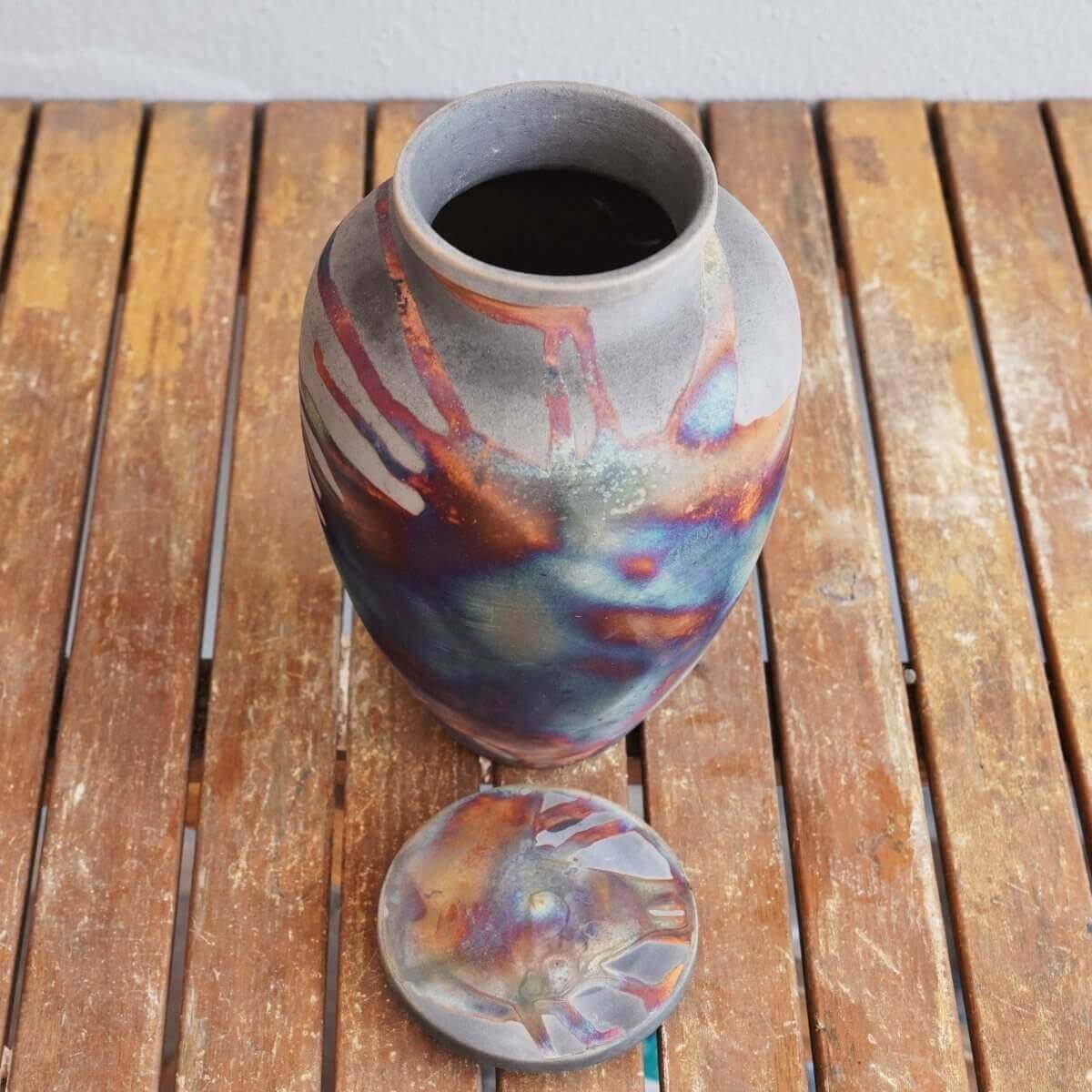 RAAQUU Omoide Ceramic Urn (Pre-Order) for Adult Remains - Raku Pottery 170 cubic inches Unique Handmade Cremation Vessel for Ashes, Pets, Cats, Dogs Unique Handmade ceramic pottery raku vases, urns, and home decor, sculptures, wall decor, gifts by Adil Gh