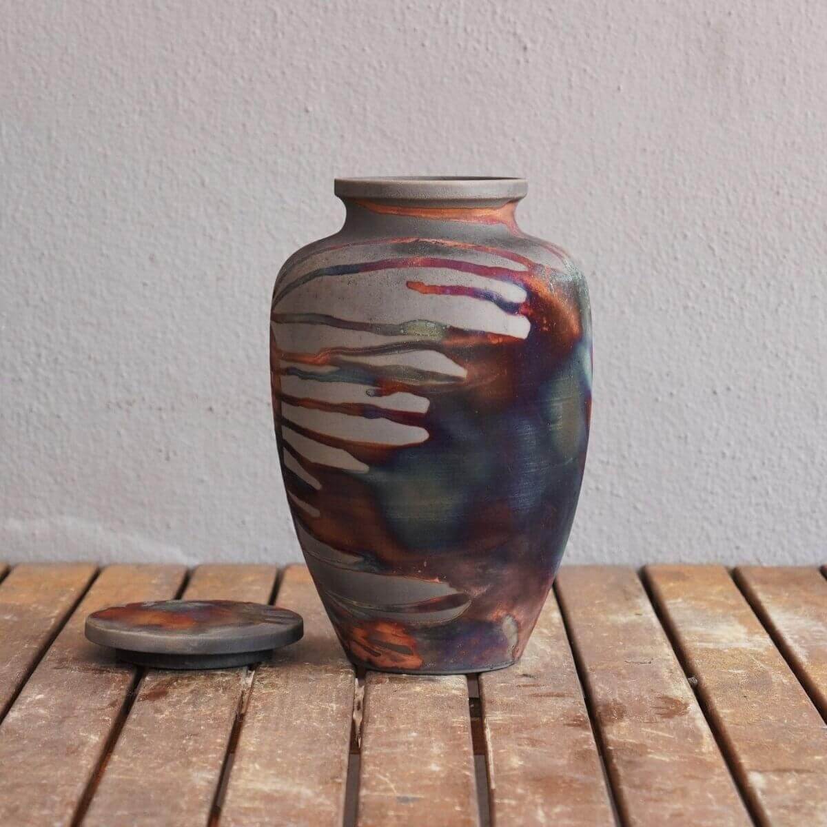 RAAQUU Omoide Ceramic Urn (Pre-Order) for Adult Remains - Raku Pottery 170 cubic inches Unique Handmade Cremation Vessel for Ashes, Pets, Cats, Dogs Unique Handmade ceramic pottery raku vases, urns, and home decor, sculptures, wall decor, gifts by Adil Gh
