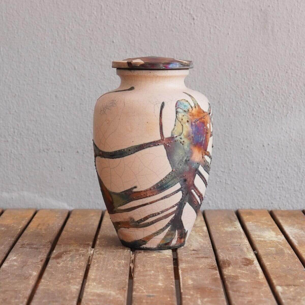 RAAQUU Omoide Ceramic Urn (Pre-Order) for Adult Remains - Raku Pottery 170 cubic inches Unique Handmade Cremation Vessel for Ashes, Pets, Cats, Dogs Unique Handmade ceramic pottery raku vases, urns, and home decor, sculptures, wall decor, gifts by Adil Gh