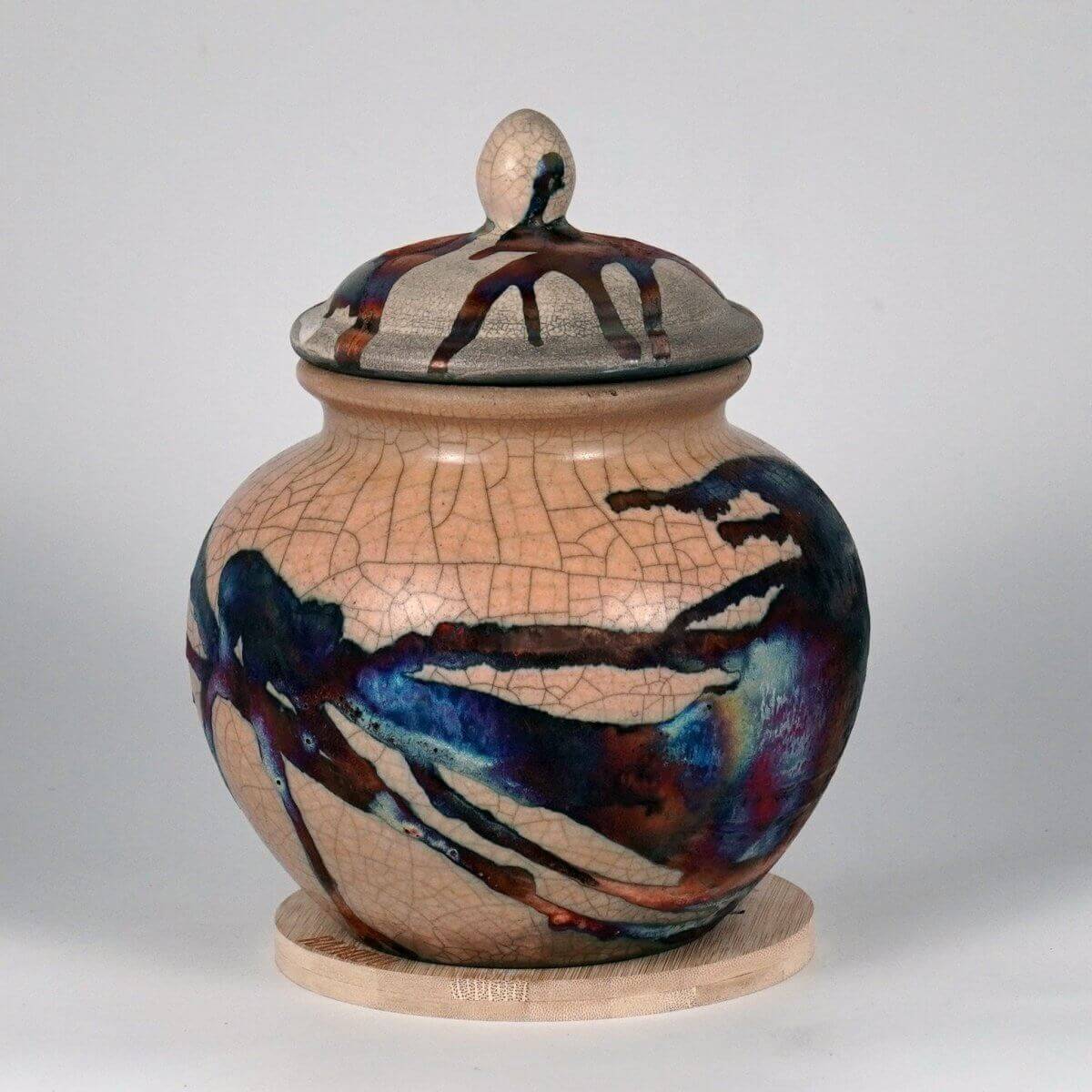 RAAQUU Tamashii Ceramic Half Copper Matte Pet Urn for Remains/Ashes S/N8000114 - Raku Pottery 85 cubic inches Unique Handmade Cremation Vessel - RAAQUU