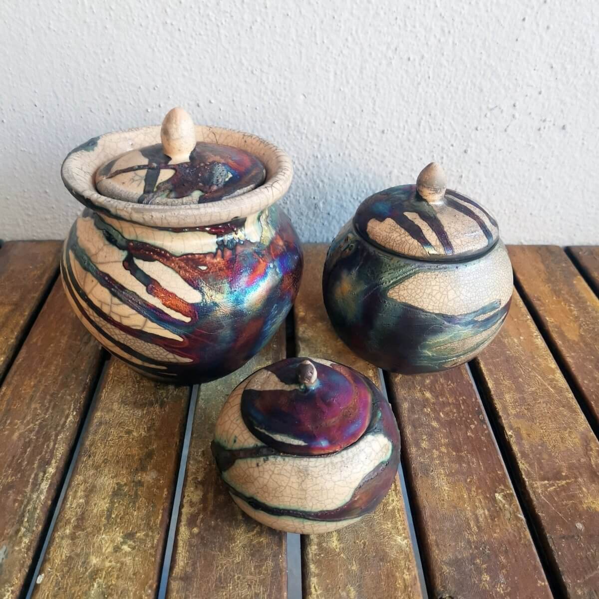 RAAQUU Raku ceramic Urn Set for Remains - 5.3, 4 and 2.4 inch width set for child and pet Unique Handmade ceramic pottery raku vases, urns, and home decor, sculptures, wall decor, gifts by Adil Ghani