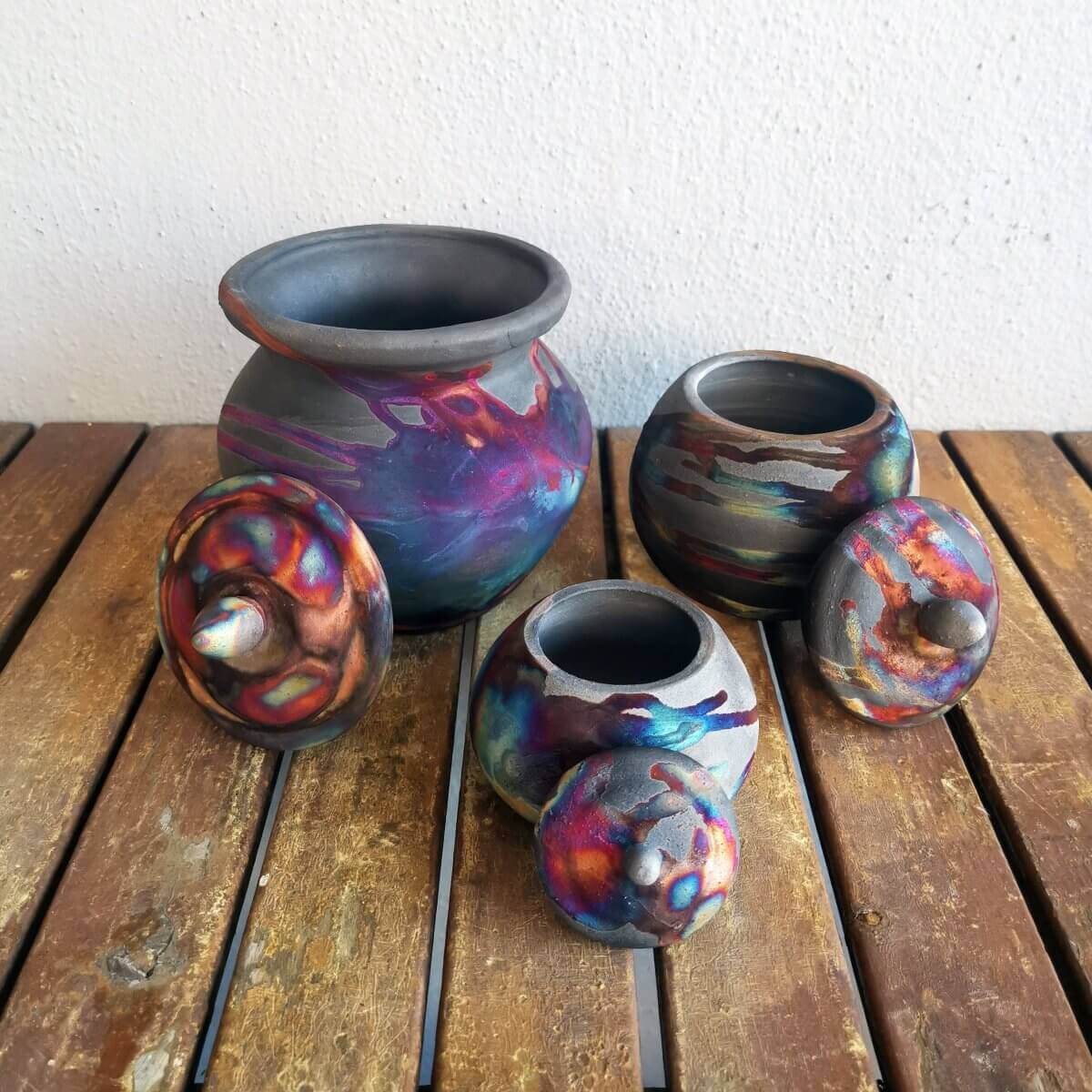 RAAQUU Raku ceramic Urn Set for Remains - 5.3, 4 and 2.4 inch width set for child and pet Unique Handmade ceramic pottery raku vases, urns, and home decor, sculptures, wall decor, gifts by Adil Ghani