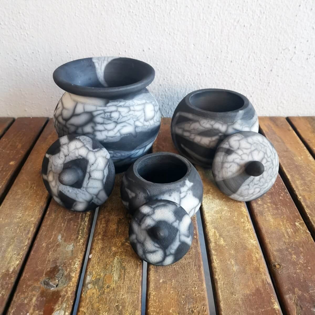 RAAQUU Raku ceramic Urn Set for Remains - 5.3, 4 and 2.4 inch width set for child and pet Unique Handmade ceramic pottery raku vases, urns, and home decor, sculptures, wall decor, gifts by Adil Ghani