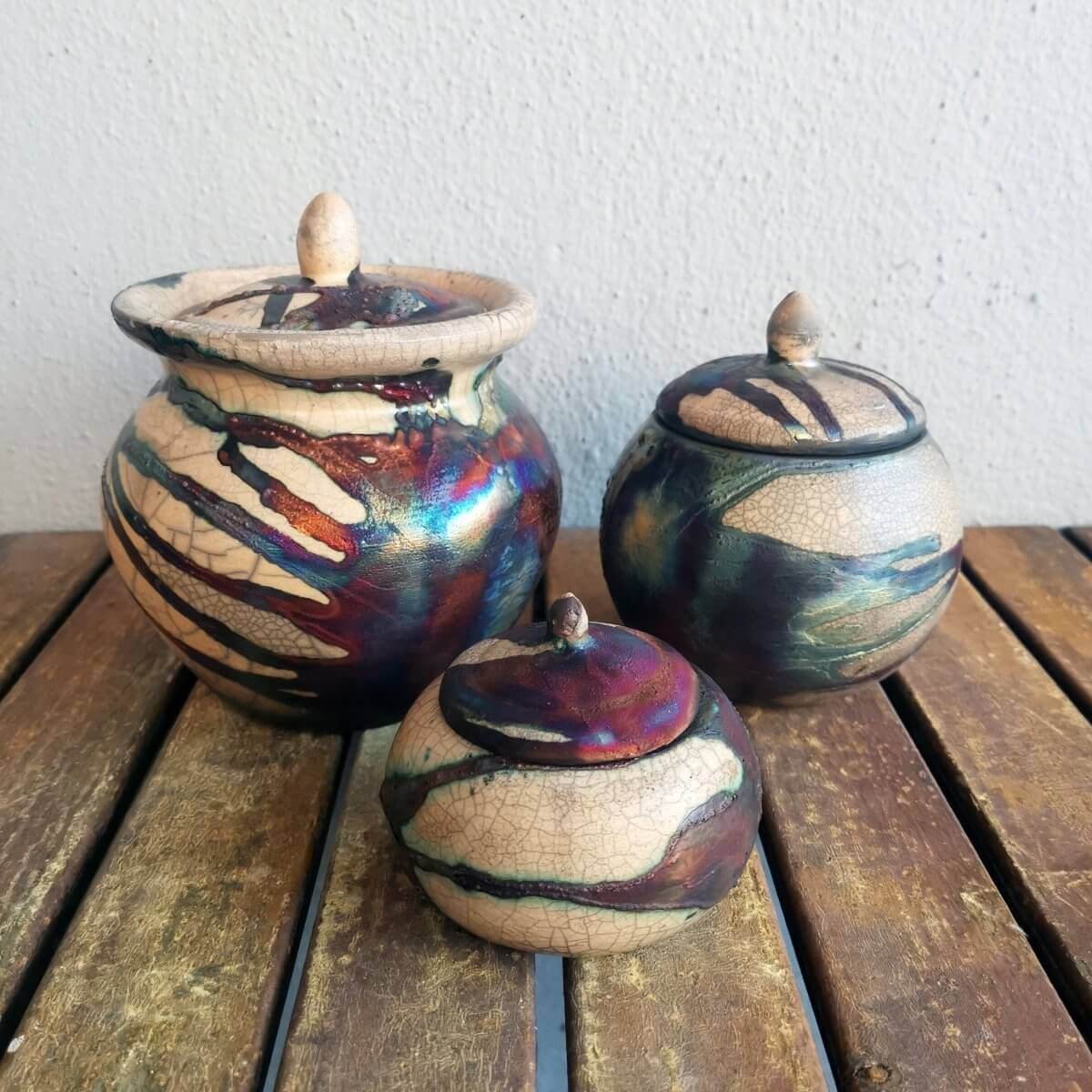 RAAQUU Raku ceramic Urn Set for Remains - 5.3, 4 and 2.4 inch width set for child and pet Unique Handmade ceramic pottery raku vases, urns, and home decor, sculptures, wall decor, gifts by Adil Ghani