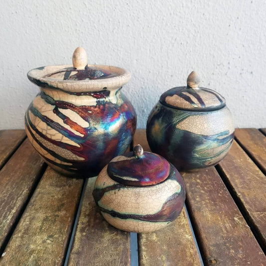 RAAQUU Raku ceramic Urn Set for Remains - 5.3, 4 and 2.4 inch width set for child and pet Unique Handmade ceramic pottery raku vases, urns, and home decor, sculptures, wall decor, gifts by Adil Ghani
