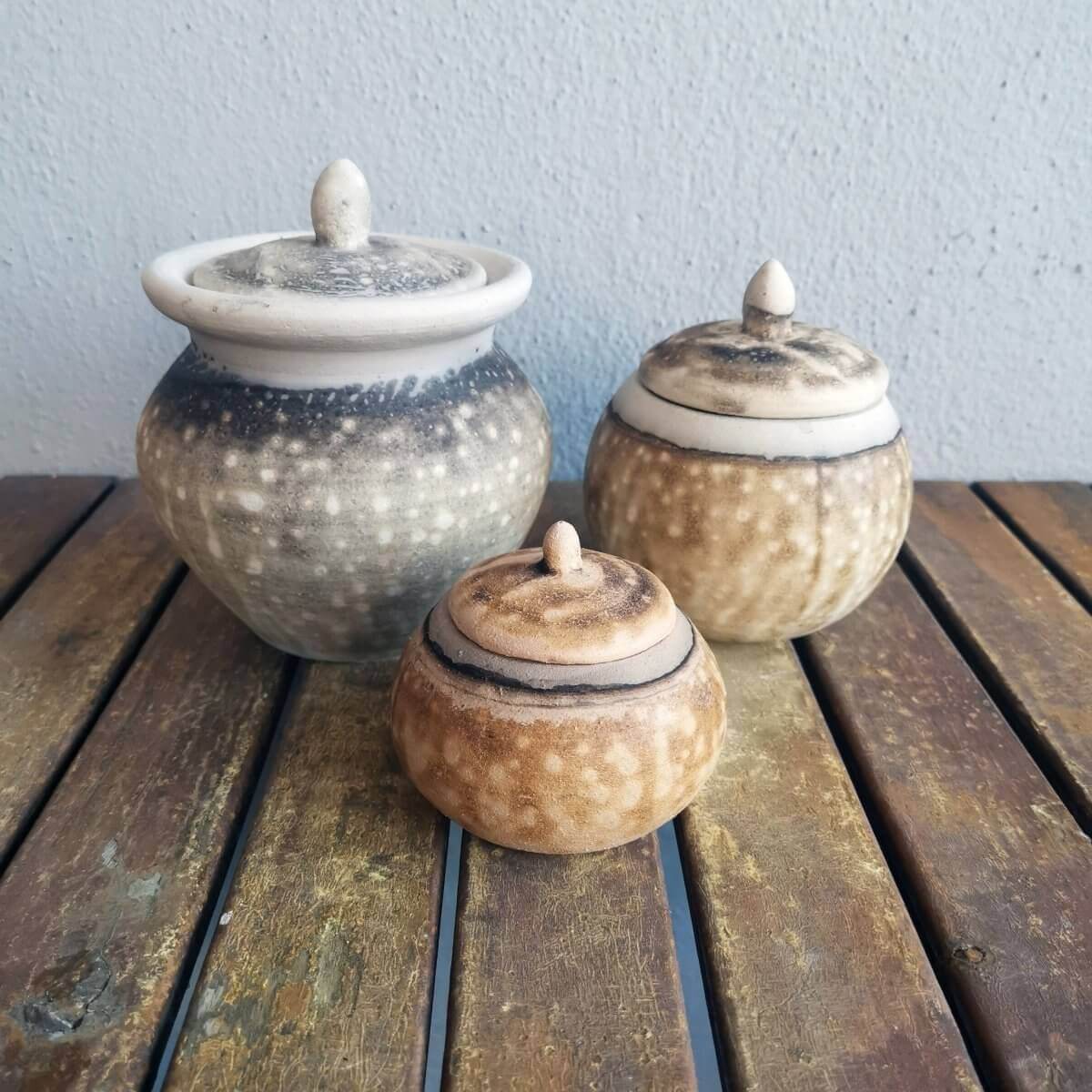 RAAQUU Raku ceramic Urn Set for Remains - 5.3, 4 and 2.4 inch width set for child and pet Unique Handmade ceramic pottery raku vases, urns, and home decor, sculptures, wall decor, gifts by Adil Ghani