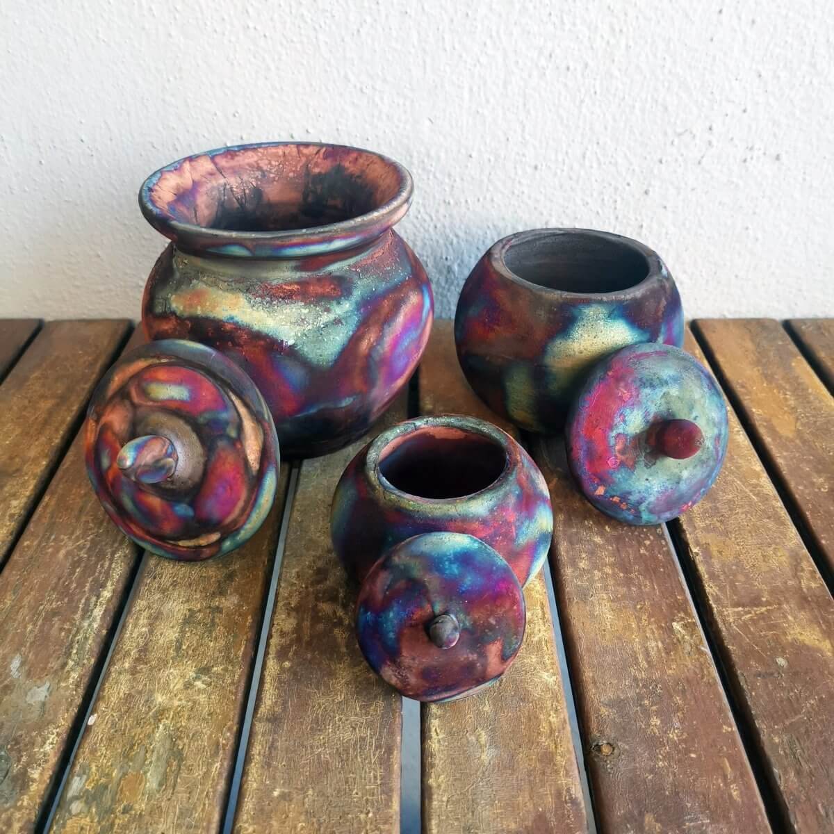 RAAQUU Raku ceramic Urn Set for Remains - 5.3, 4 and 2.4 inch width set for child and pet Unique Handmade ceramic pottery raku vases, urns, and home decor, sculptures, wall decor, gifts by Adil Ghani