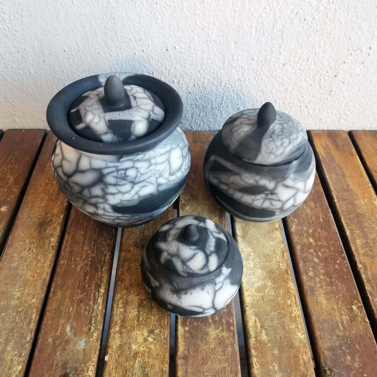 RAAQUU Raku ceramic Urn Set for Remains - 5.3, 4 and 2.4 inch width set for child and pet Unique Handmade ceramic pottery raku vases, urns, and home decor, sculptures, wall decor, gifts by Adil Ghani