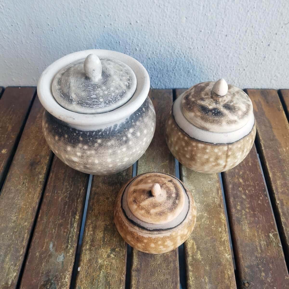 RAAQUU Raku ceramic Urn Set for Remains - 5.3, 4 and 2.4 inch width set for child and pet Unique Handmade ceramic pottery raku vases, urns, and home decor, sculptures, wall decor, gifts by Adil Ghani