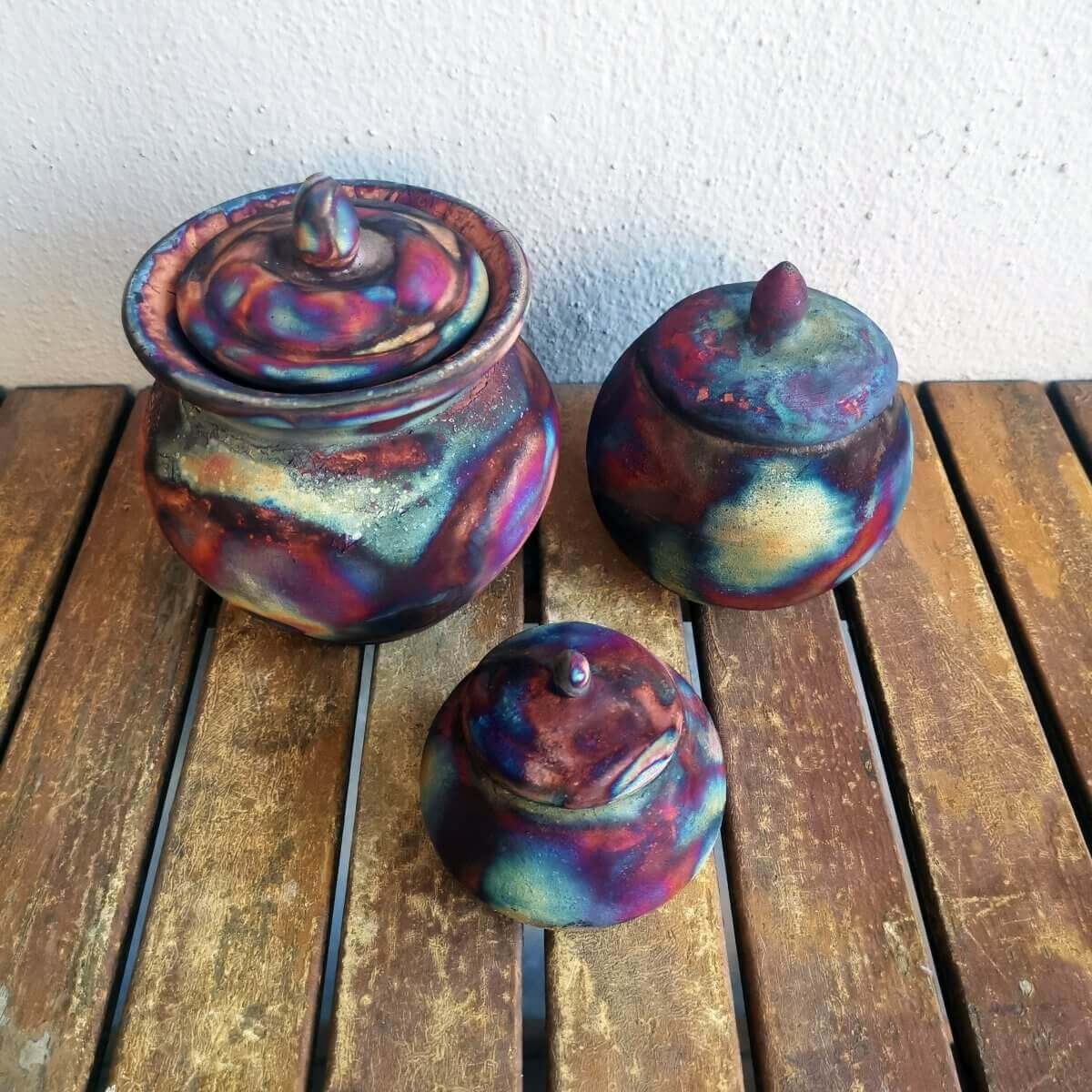 RAAQUU Raku ceramic Urn Set for Remains - 5.3, 4 and 2.4 inch width set for child and pet Unique Handmade ceramic pottery raku vases, urns, and home decor, sculptures, wall decor, gifts by Adil Ghani
