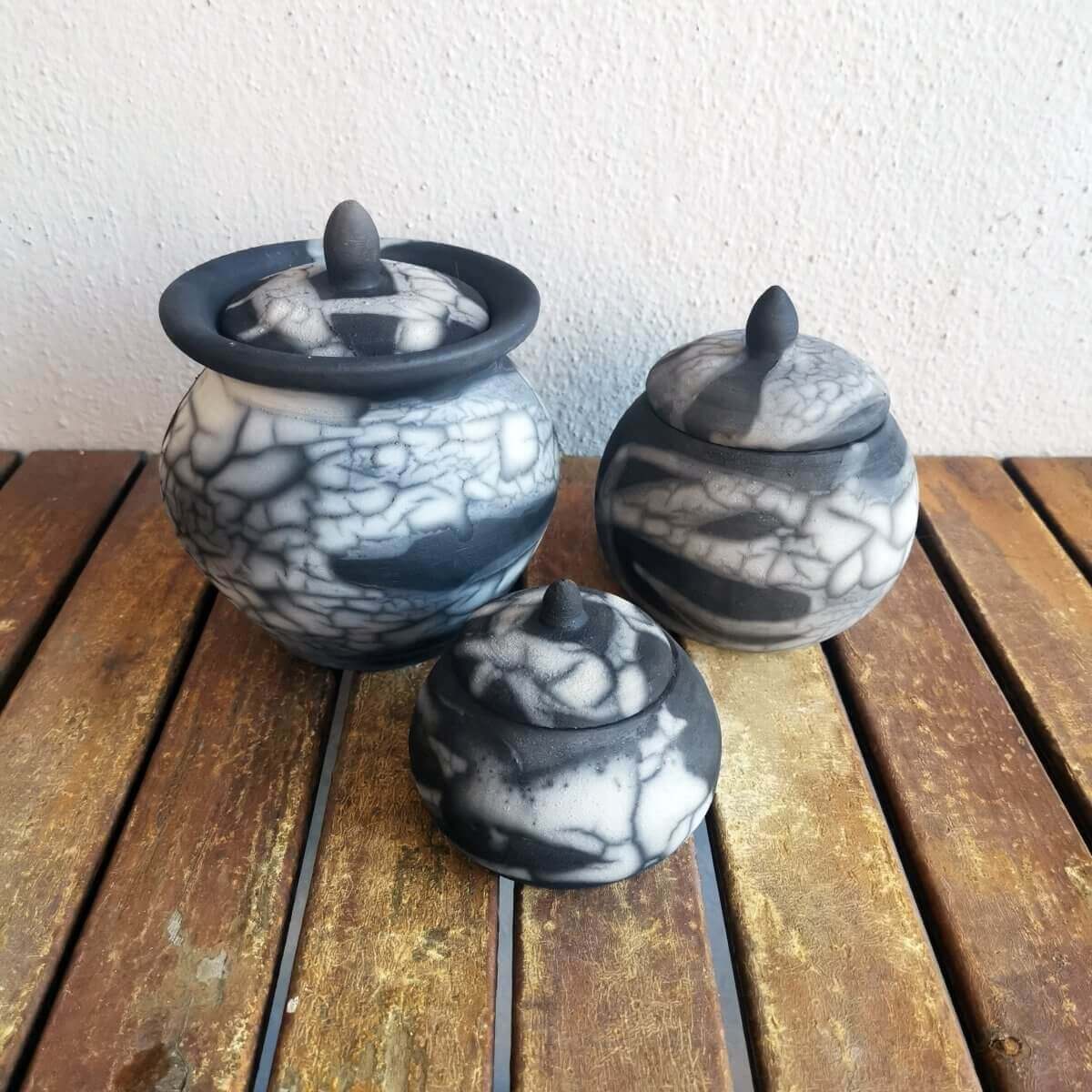 RAAQUU Raku ceramic Urn Set for Remains - 5.3, 4 and 2.4 inch width set for child and pet Unique Handmade ceramic pottery raku vases, urns, and home decor, sculptures, wall decor, gifts by Adil Ghani