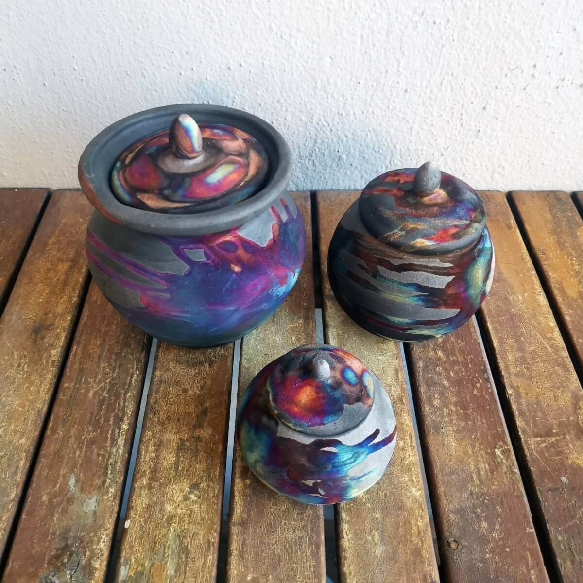 RAAQUU Raku ceramic Urn Set for Remains - 5.3, 4 and 2.4 inch width set for child and pet Unique Handmade ceramic pottery raku vases, urns, and home decor, sculptures, wall decor, gifts by Adil Ghani
